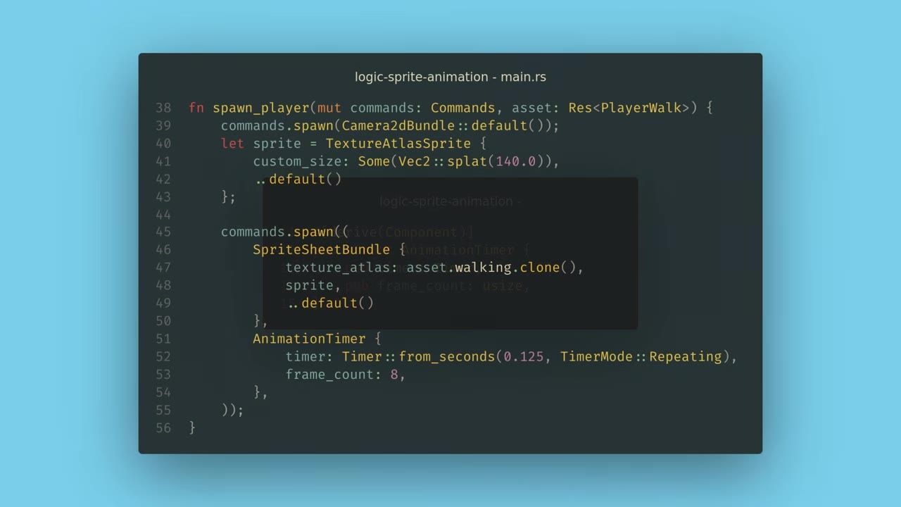 A code editor window shows Rust code for spawning a player with a Camera2dBundle, TextureAtlasSprite, SpriteSheetBundle, and AnimationTimer.
