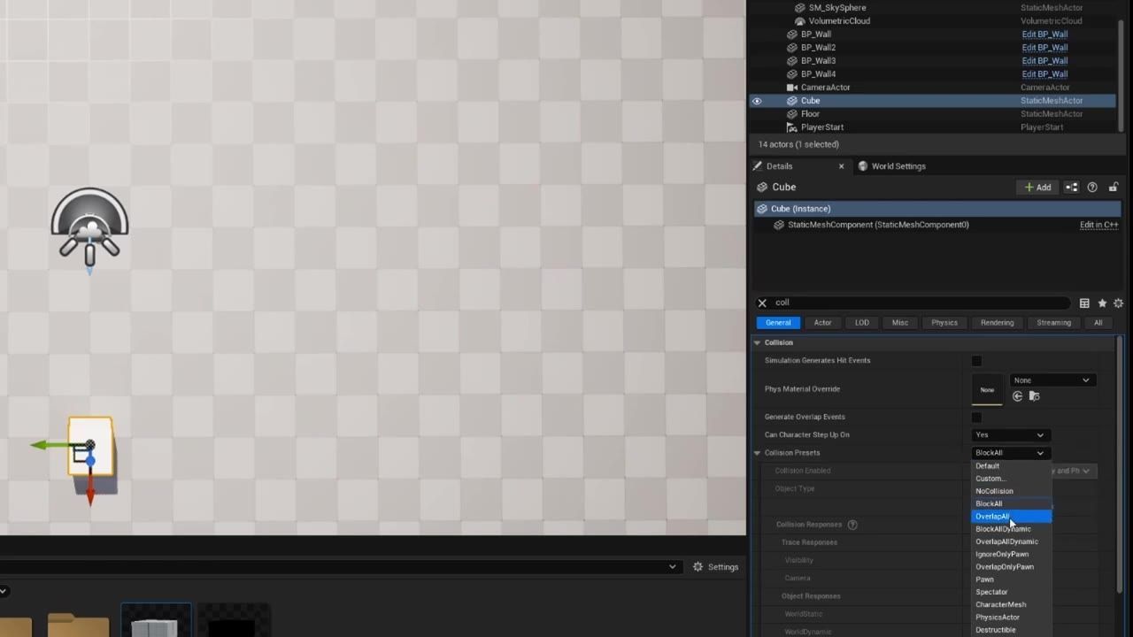 Unreal Engine editor with the Details panel open on the right and the Collision Presets dropdown expanded to show OverlapAll selected.