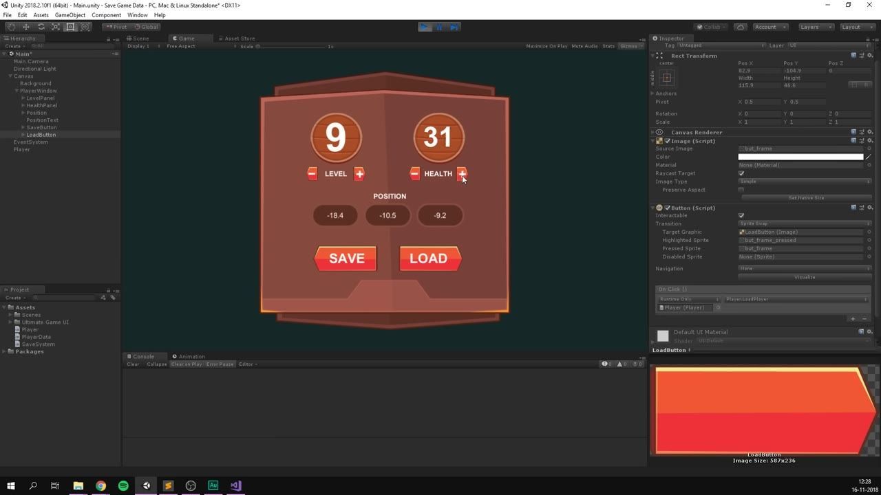 Unity editor with the Game view centered on a save and load panel showing level, health, position values, and Save and Load buttons.