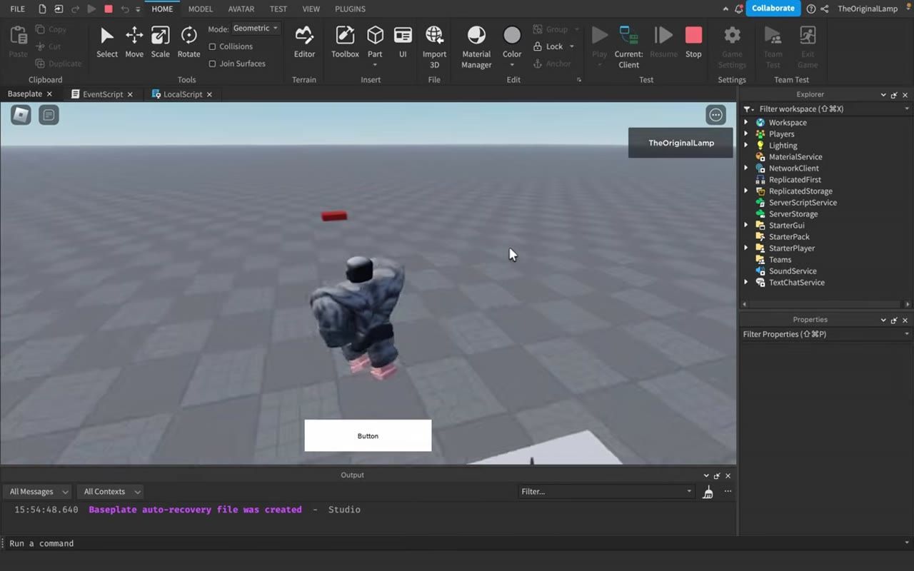 Roblox Studio is open in play mode with a gray flat world, a small red block in the distance, and a white button labeled Button near the bottom center.