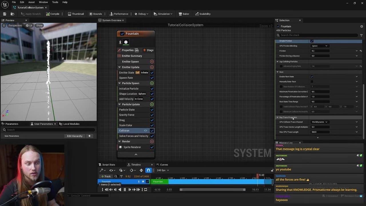 Unreal Engine Niagara editor with a Fountain particle system selected and the details panel open to Ray Trace Properties showing CPU Collision Trace Channel and CPU Trace Vector Length settings.