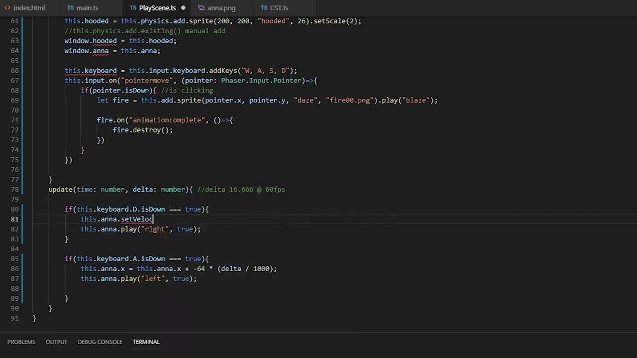 A code editor displays TypeScript movement logic with a velocity-setting call and a separate branch that changes the x position directly.
