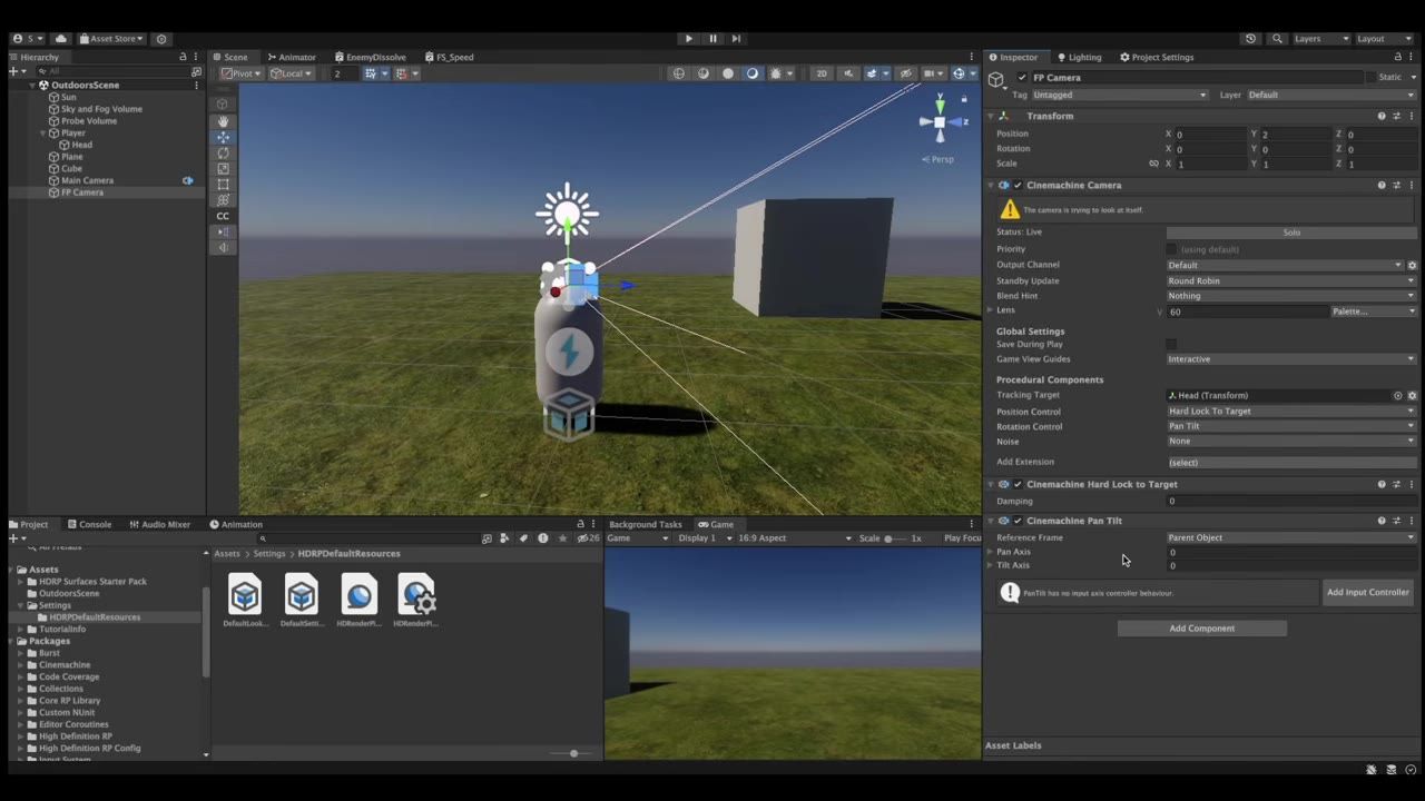 Unity Editor with the Inspector open on an FP Camera showing Cinemachine Camera settings and an Add Input Controller button in the Pan Tilt section.