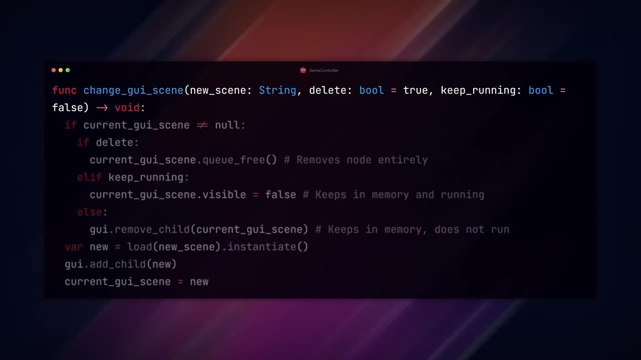 A dark-themed code editor window shows a function named change_gui_scene with parameters delete and keep_running.