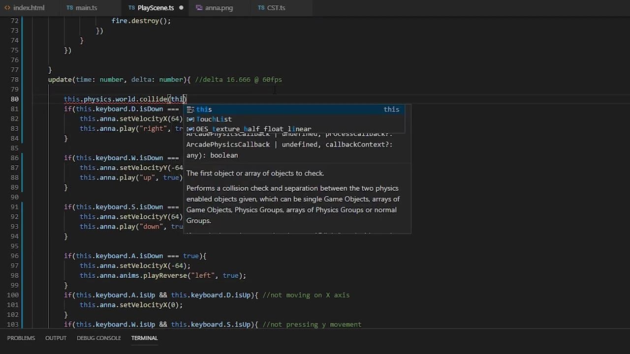 A code editor shows a TypeScript scene with this.physics.world.collide being typed and an IntelliSense tooltip describing ArcadePhysicsCallback.