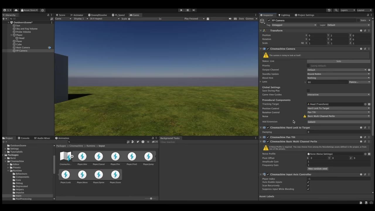 Unity Editor with the Scene view on a grassy outdoor level and the Inspector open to an FP Camera showing Cinemachine camera components and noise settings.