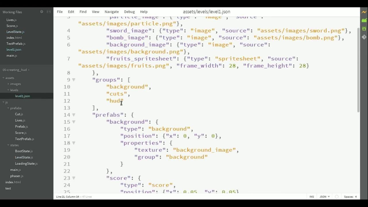 A code editor shows assets/levels/level1.json with JSON entries for groups and prefabs, including the hud group and a score prefab.