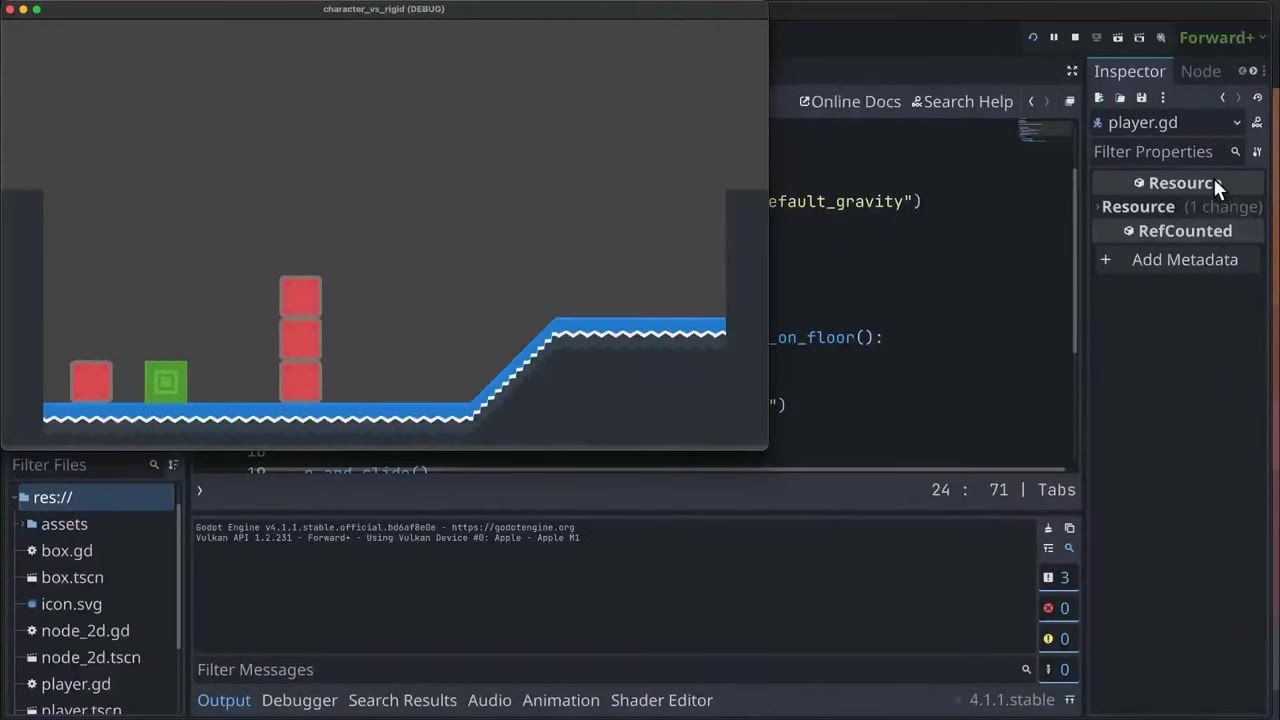 Godot editor with a running test window showing a green player block beside red boxes on a platform with walls and a sloped floor.