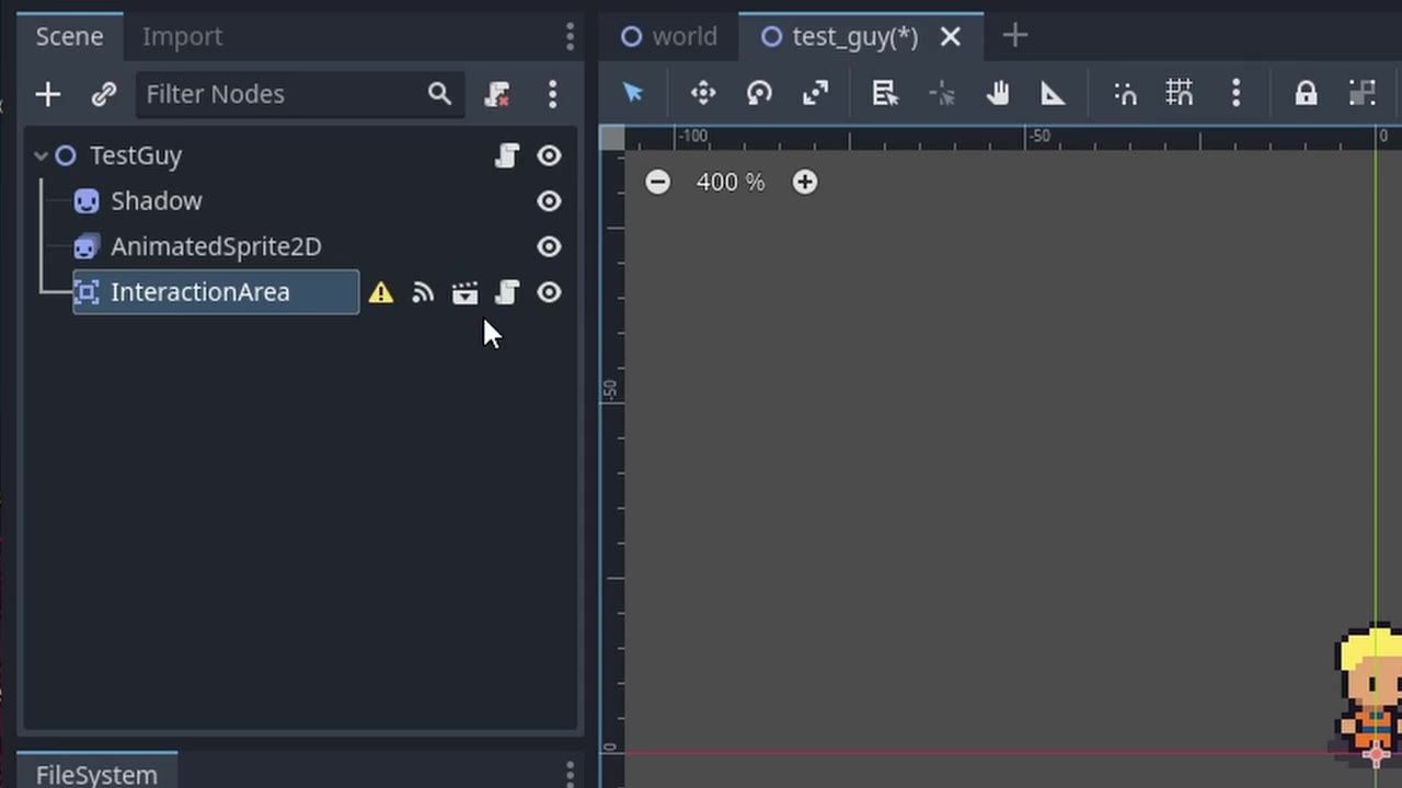 Godot editor with the scene tree showing TestGuy, Shadow, AnimatedSprite2D, and InteractionArea selected, and a pixel art character partially visible in the viewport.