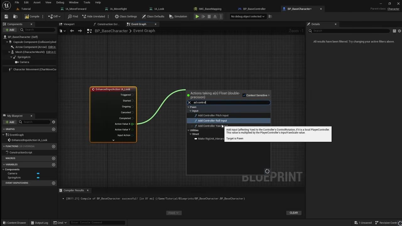 Unreal Engine Blueprint editor showing the BP_BaseCharacter Event Graph with an Enhanced Input Action node and a context menu for controller input actions.