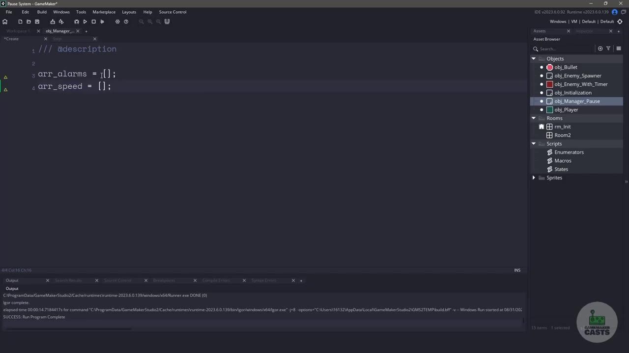 GameMaker Studio editor showing the obj_Manager_Pause Create event with two array initializations, arr_alarms and arr_speed.