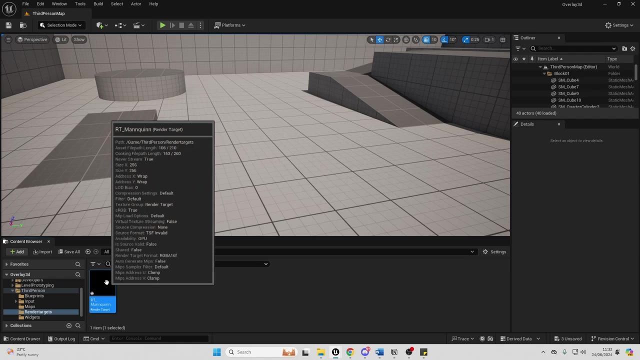 Unreal Engine editor is open with a Render Target asset info popup showing the asset name RT_Manntquin and its size as 256 by 256.