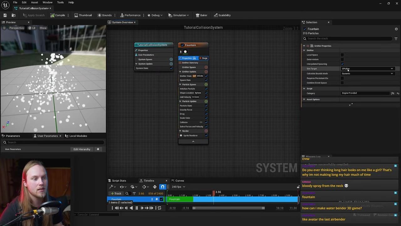 The Unreal Engine Niagara editor is open with a fountain emitter selected, showing the emitter properties panel on the right and the Sim Target set to GPU Compute Sim.