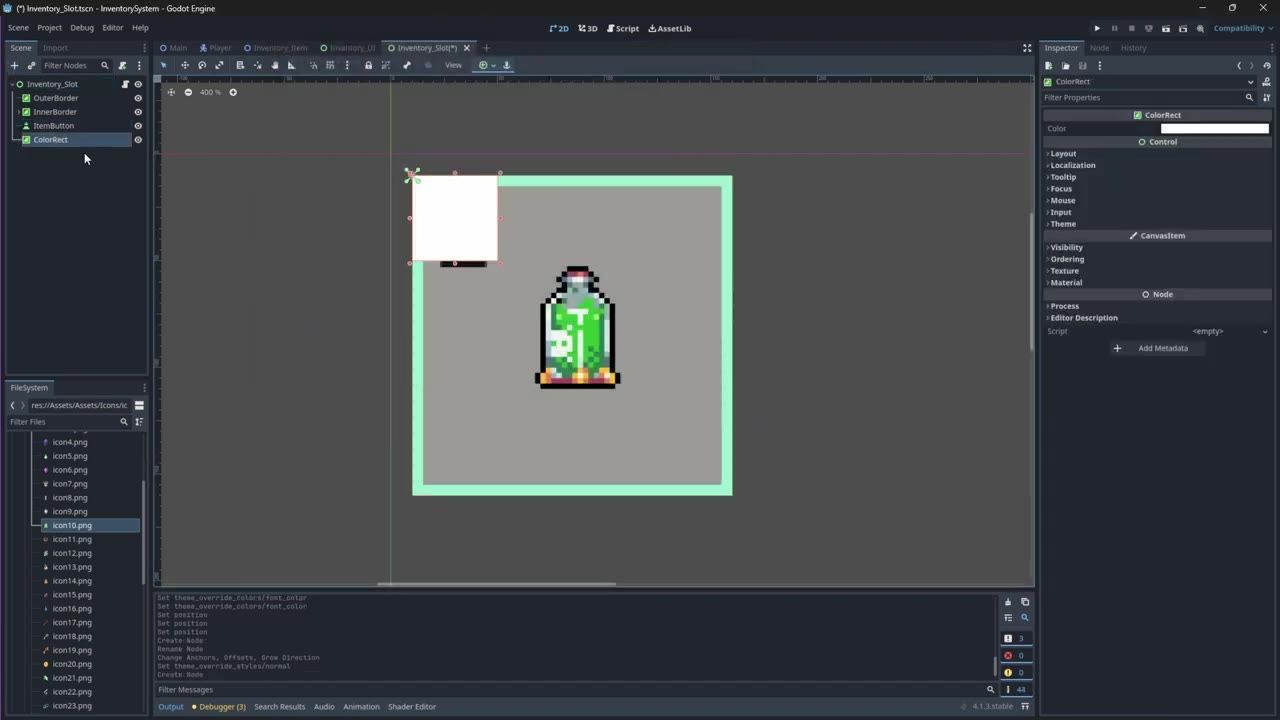 Godot editor shows an inventory slot scene with a small white panel above a bordered slot and a bottle icon centered inside the slot.