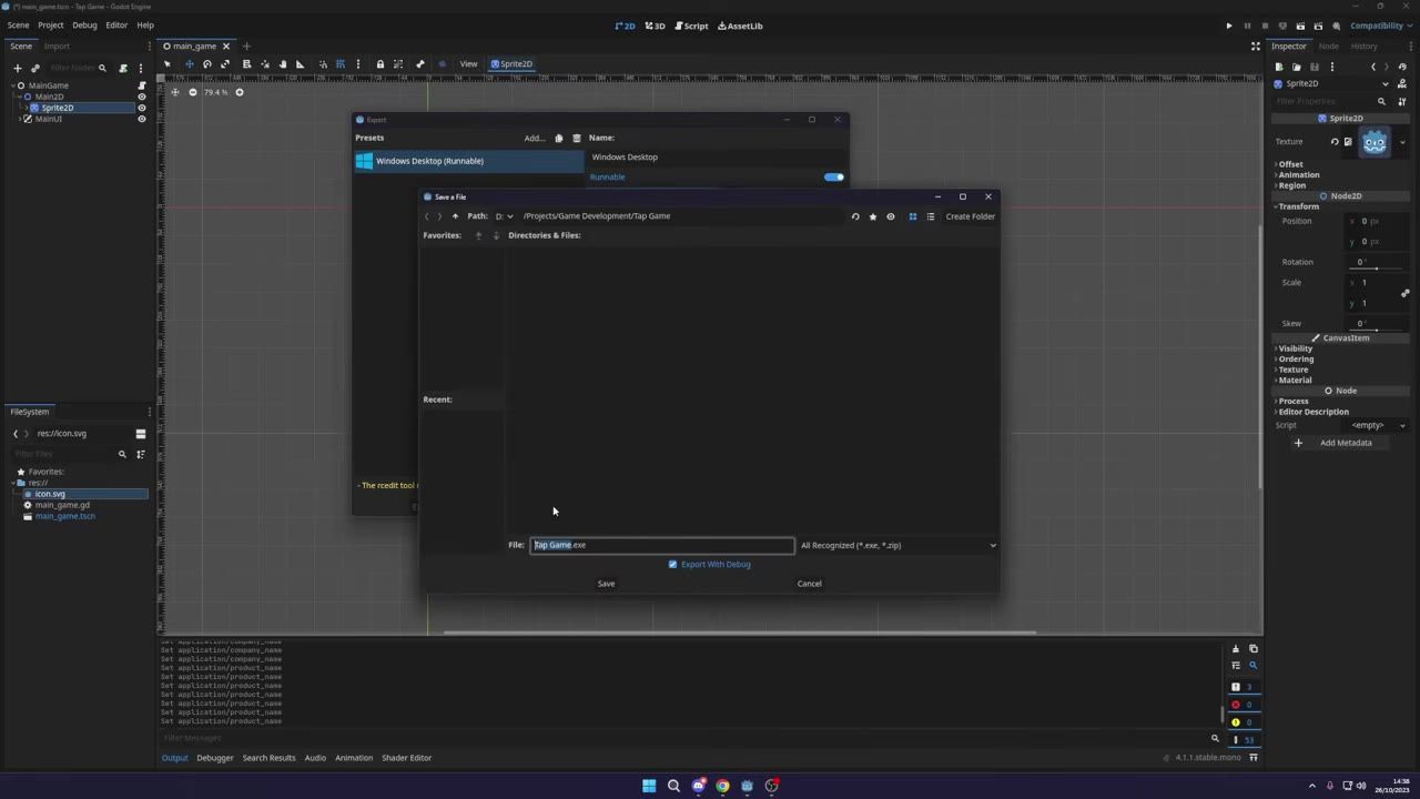 Godot editor with the Export dialog open and a save file picker in front, showing a Windows Desktop export preset and a destination path for Tap Game.exe.