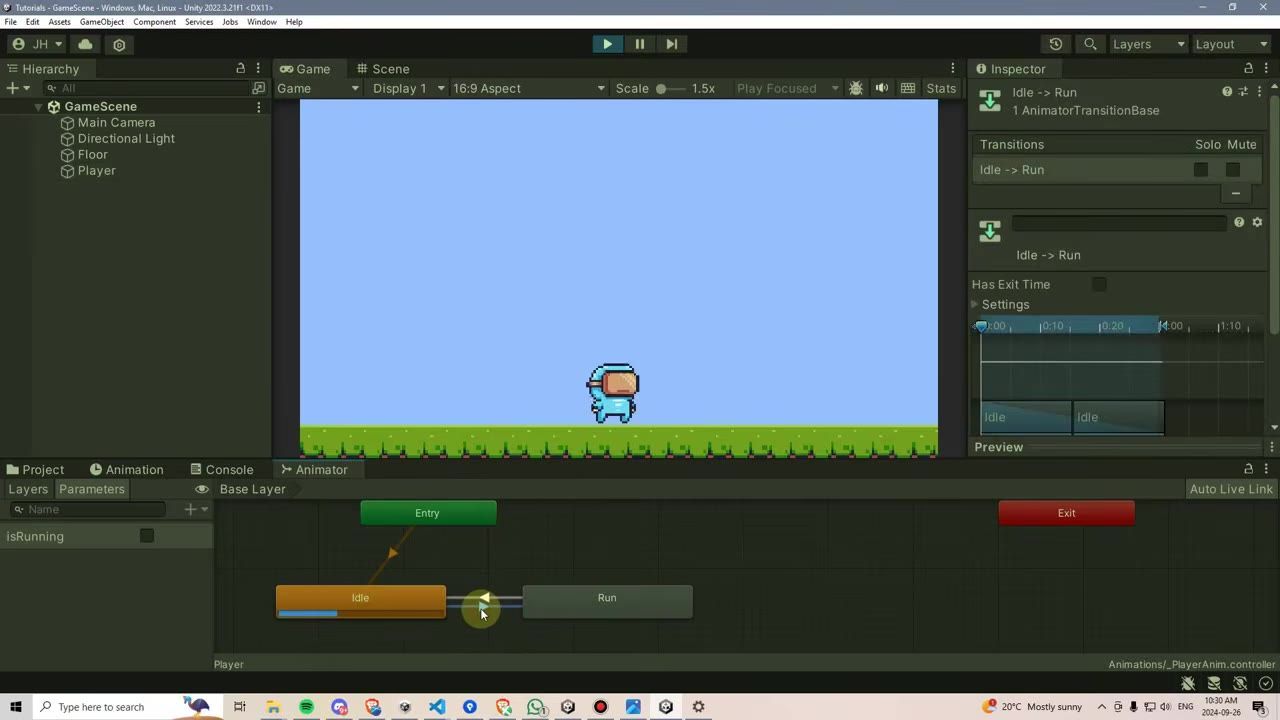 Unity Editor showing the Animator graph with an Idle to Run transition selected and its settings open in the Inspector.