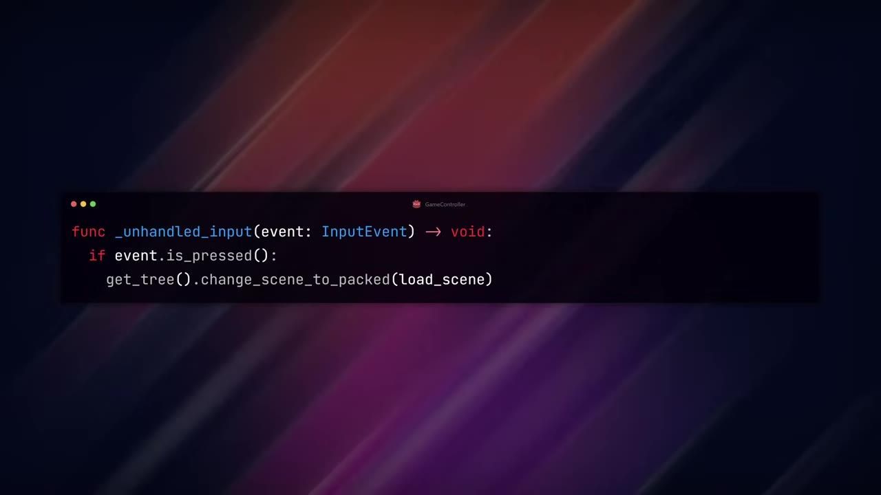 A code editor window shows a Godot script with an unhandled input function that calls get_tree().change_scene_to_packed(load_scene) when input is pressed.