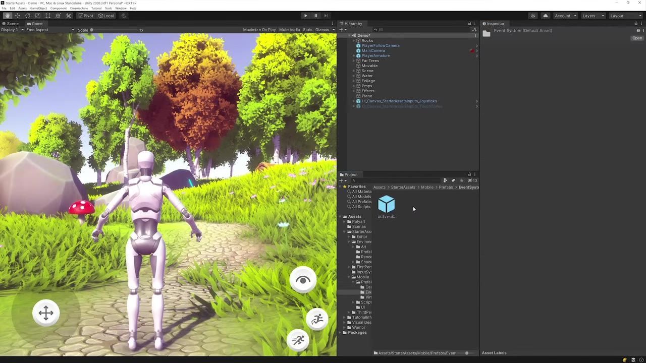 Unity Editor showing a third-person game scene on the left and the Hierarchy and Project panels on the right, with UI input prefabs listed and mobile touch controls visible in the game view.
