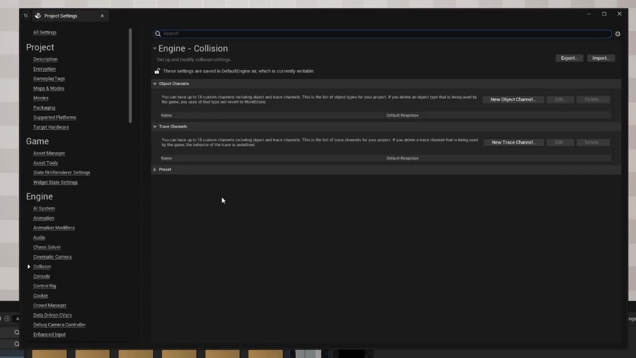 Unreal Engine Project Settings window open on the Engine - Collision page, showing Object Channels, Trace Channels, and a collapsed Preset section.