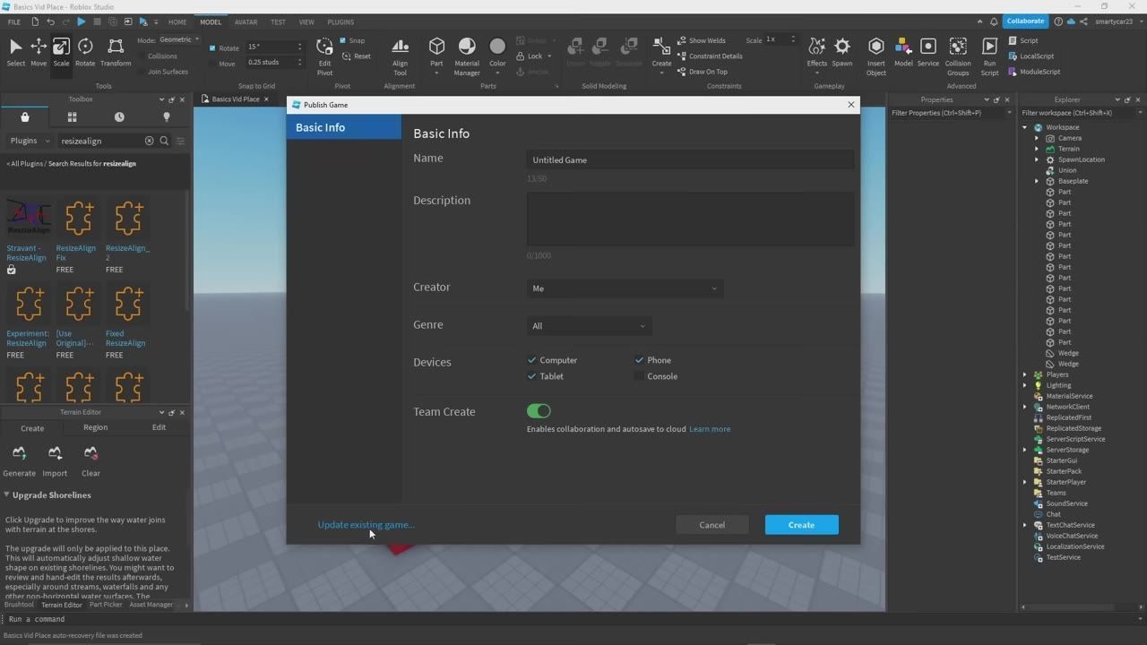 Roblox Studio shows the Publish Game dialog with Basic Info fields, including name, creator, genre, and device checkboxes.