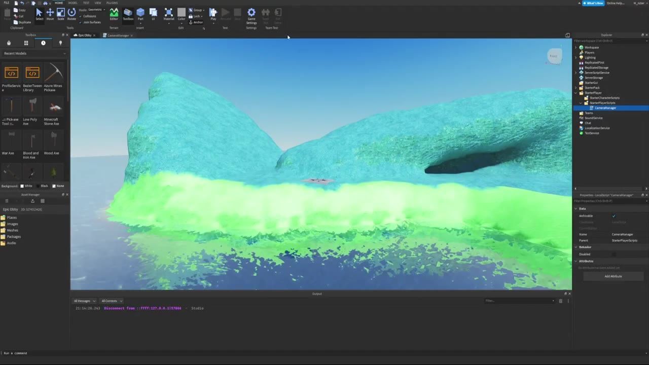 Roblox Studio is open with a terrain scene in the central 3D viewport, toolbars across the top, Explorer and Properties panels on the right, and panels like Toolbox and Asset Manager on the left.