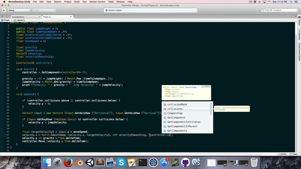 MonoDevelop-Unity shows a C# script for player movement with collision checks and autocomplete suggestions open over the code.