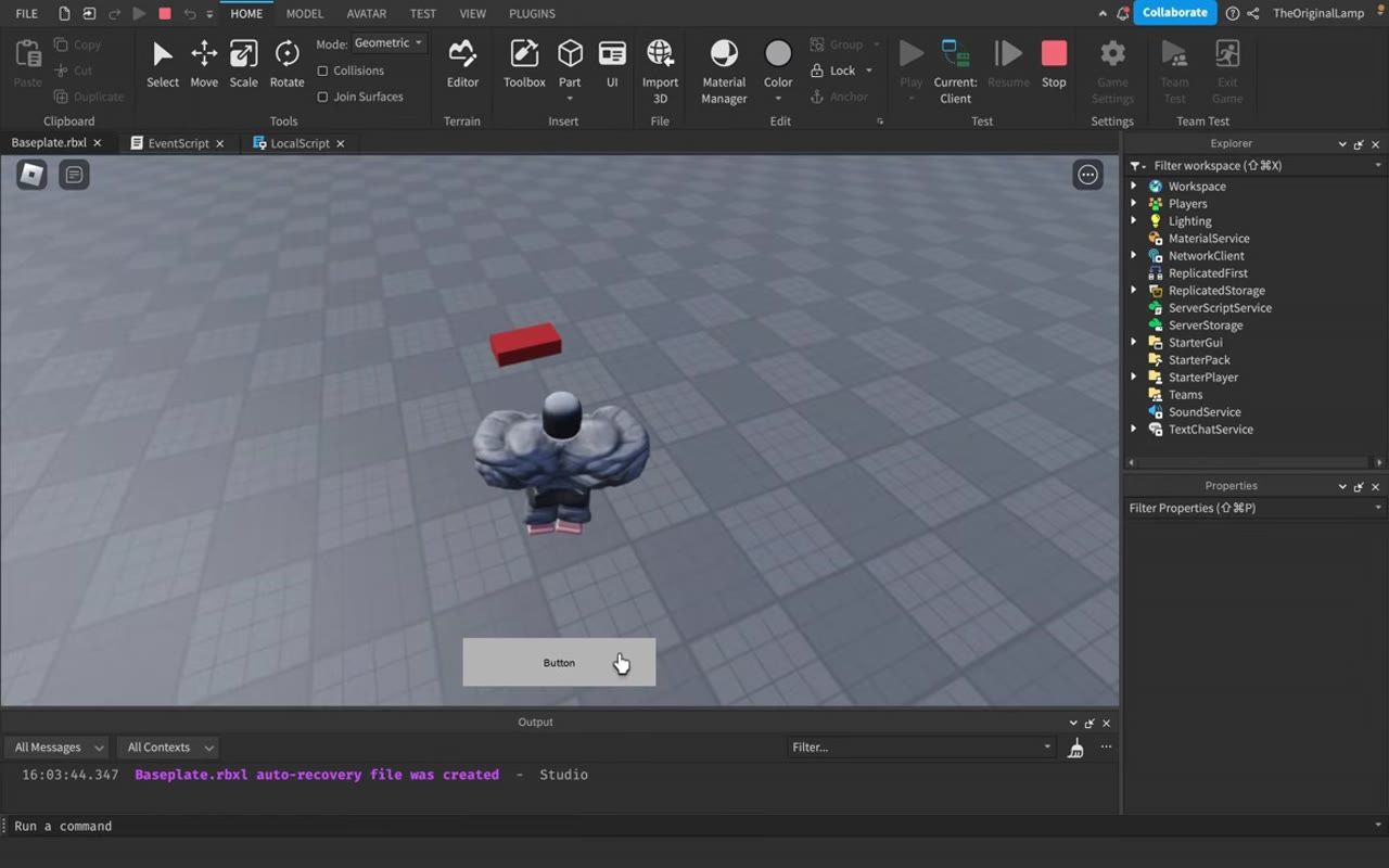 Roblox Studio shows a running game scene with a red block floating above a character and a button near the bottom center.