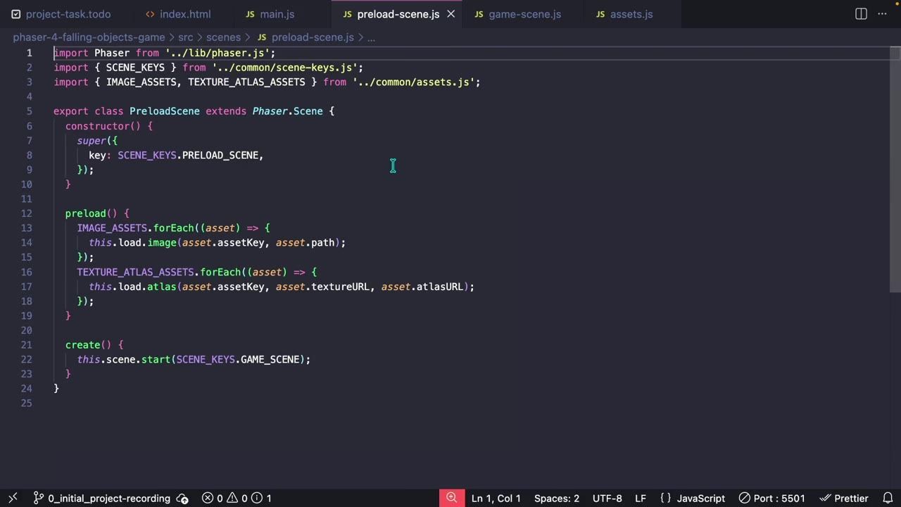 A code editor shows preload-scene.js open with a Phaser scene class and its preload and create methods visible.
