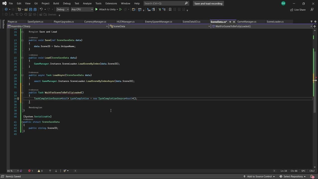 Visual Studio is open to a C# script named SceneData.cs showing save, load, async load, and wait-for-scene-loading methods.
