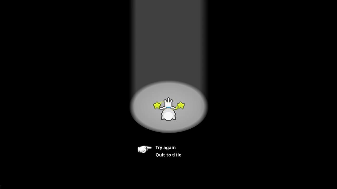 A game over screen shows a spotlight on the player character with menu options for Try again and Quit to title.
