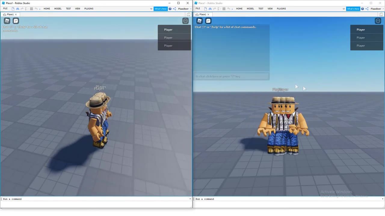 Two Roblox Studio game viewports show a blocky character standing on a tiled gray plane under a blue sky, with a duplicated overlapping character visible in the right view and a large shadow on the left.