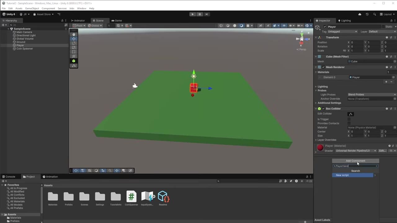 Unity editor with the Player object selected, the Inspector open on the right, and the Add Component menu showing a new script option.