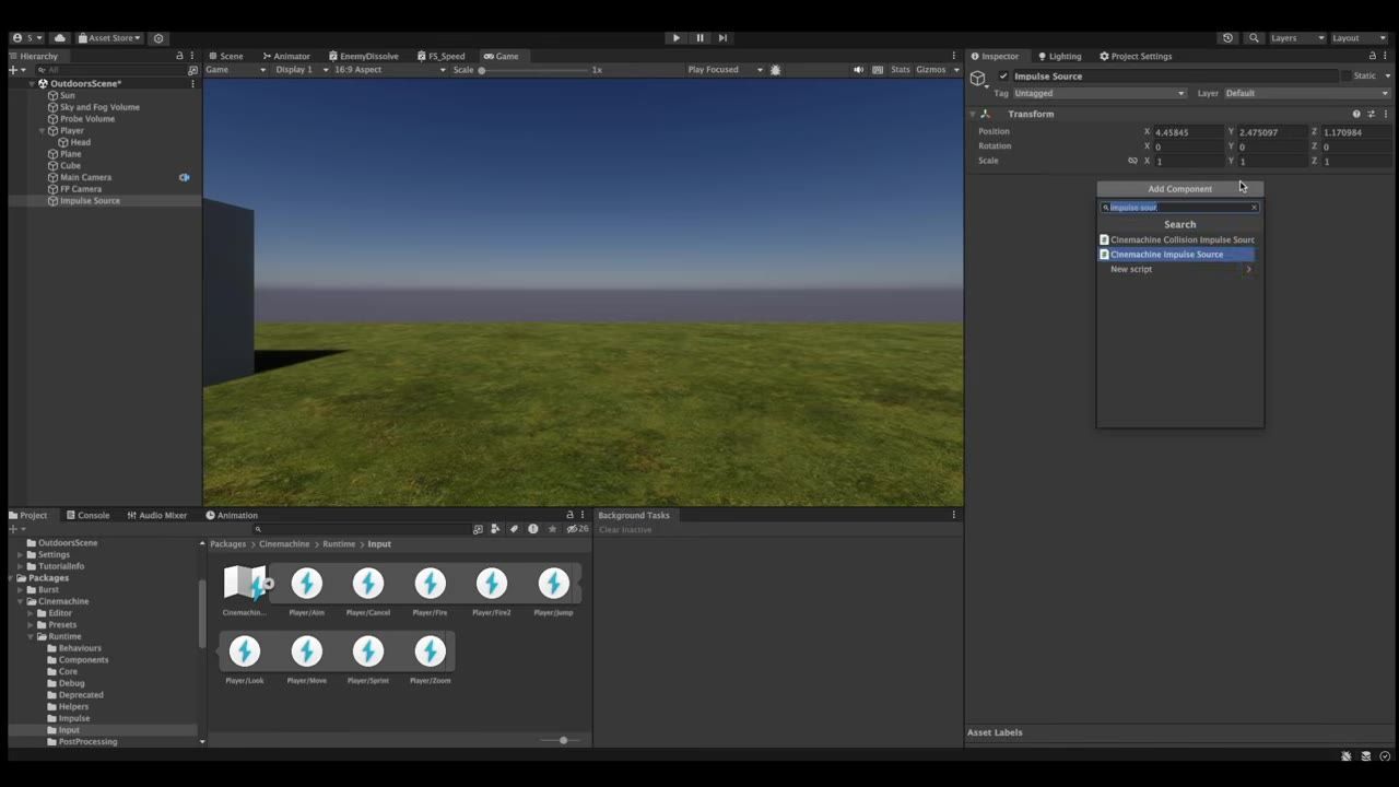 Unity Editor with the Impulse Source object selected in the Hierarchy and the Inspector showing the component search for Cinemachine Impulse Source.
