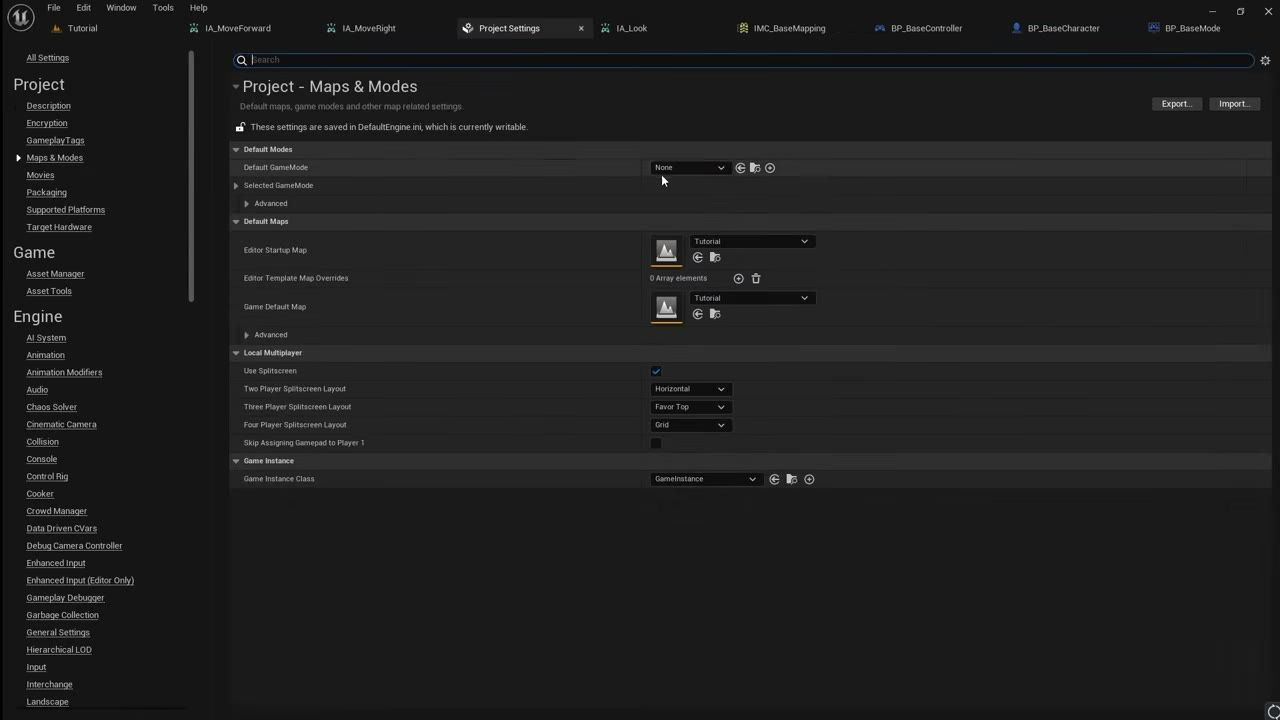 Unreal Engine Project Settings is open to Project Maps & Modes, with the Default GameMode dropdown visible near the top of the panel.
