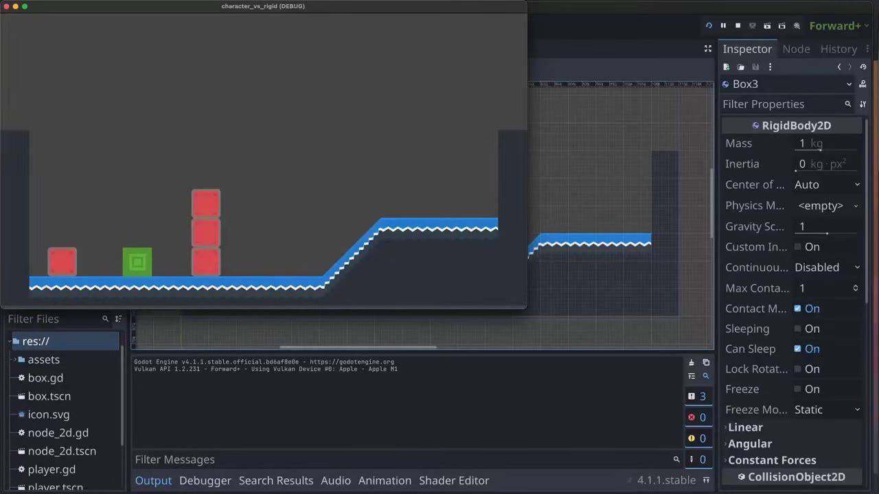 Godot editor showing a 2D level view with a green square character and several red stacked rigid bodies on a platform.