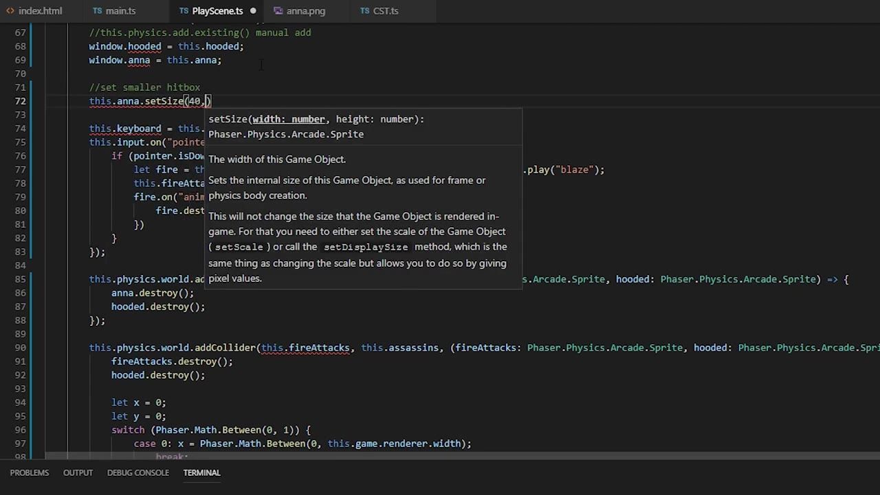 A code editor shows a Phaser scene file with a smaller hitbox being set using setSize and an autocomplete tooltip open over the code.