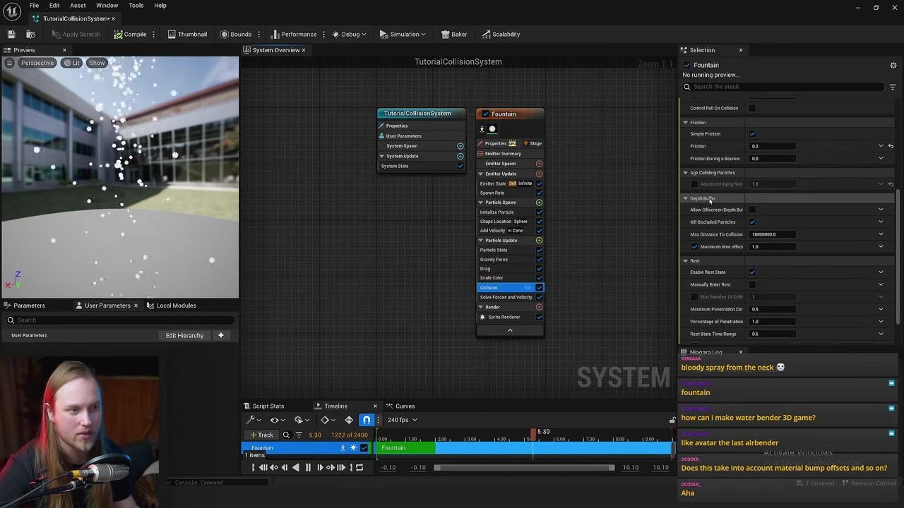Unreal Engine Niagara editor with a fountain particle system open and the collision settings panel visible on the right, showing Depth Buffer options and occlusion checkboxes.
