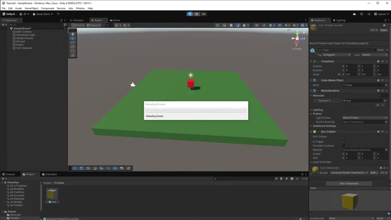 Unity editor with the Coin prefab selected in the Inspector, showing the Box Collider component and the Is Trigger checkbox on the right side.