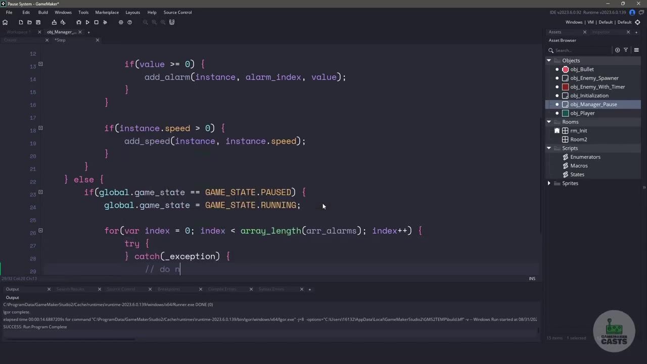 GameMaker Studio code editor showing a pause manager script with an if block for a paused game state and a try/catch loop over saved alarms.