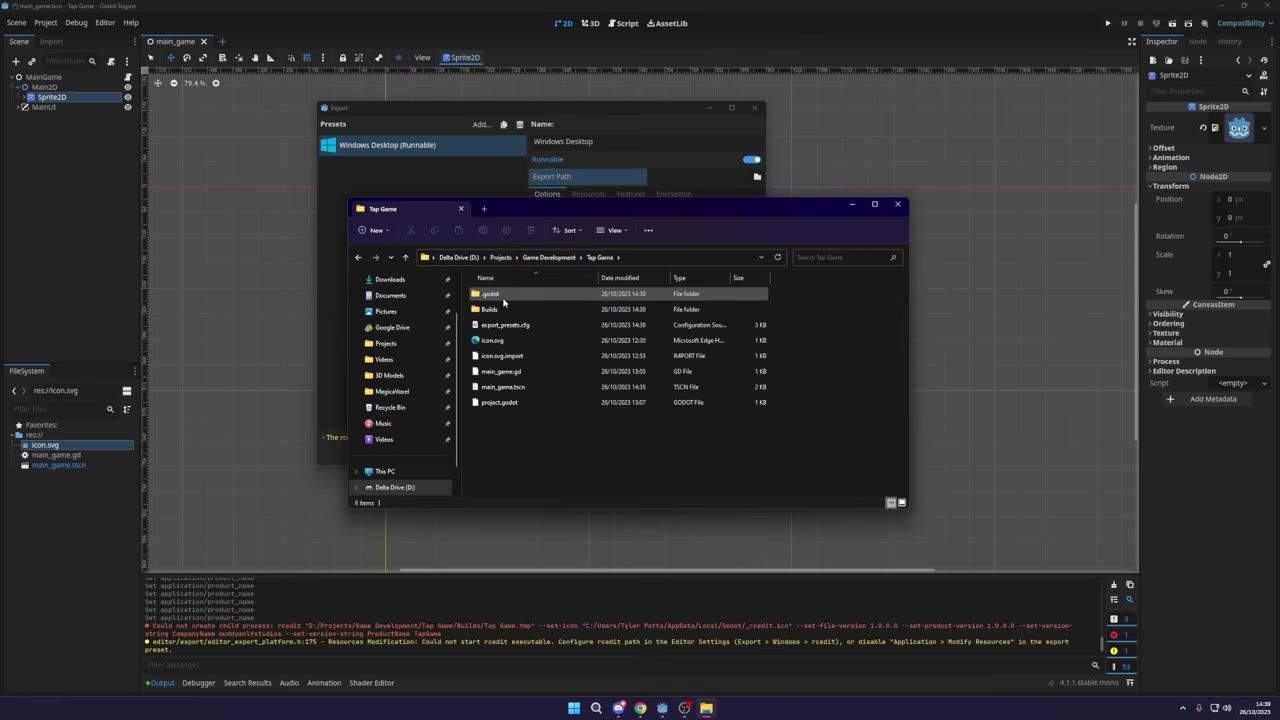 A Windows File Explorer window is open over the Godot editor, showing a project folder with a Builds folder and several project files.