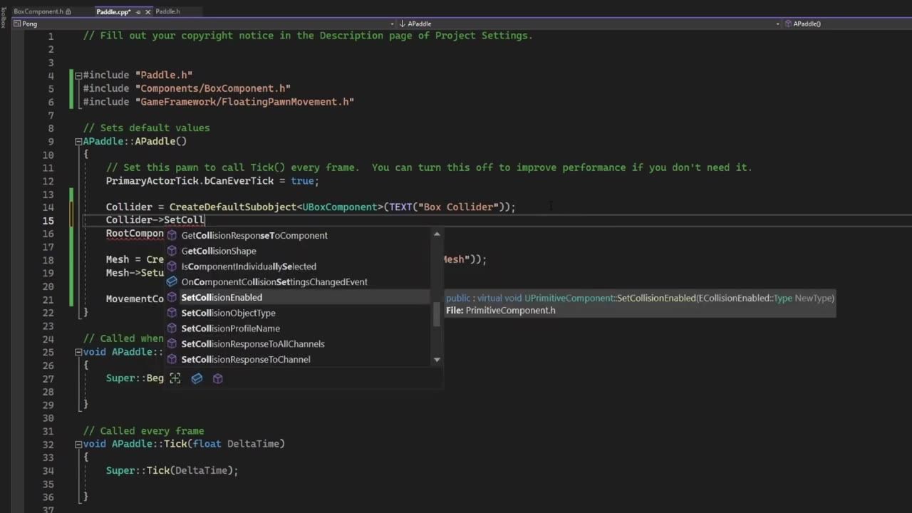 A dark-themed C++ code editor shows an Unreal class constructor with component setup, and an autocomplete popup lists collision methods including SetCollisionProfileName.