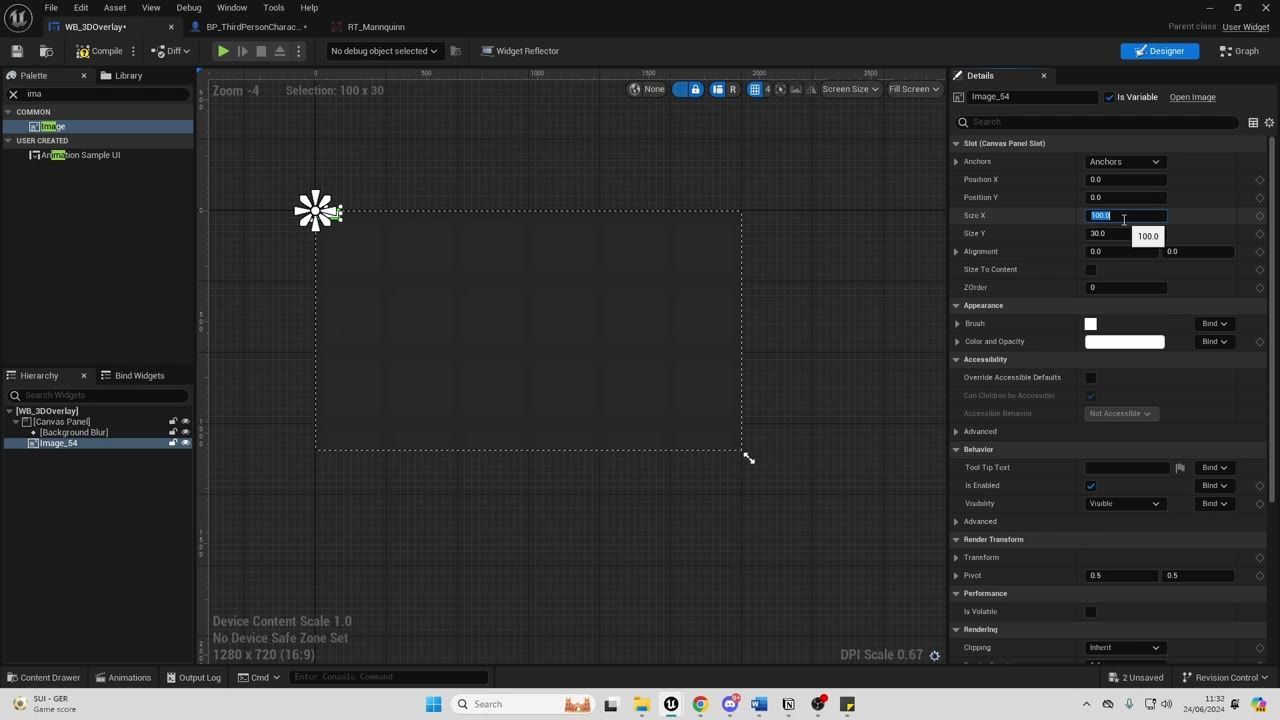 Unreal Engine Widget Designer shows a selected Image widget with its properties in the Details panel and a large empty canvas in the center.