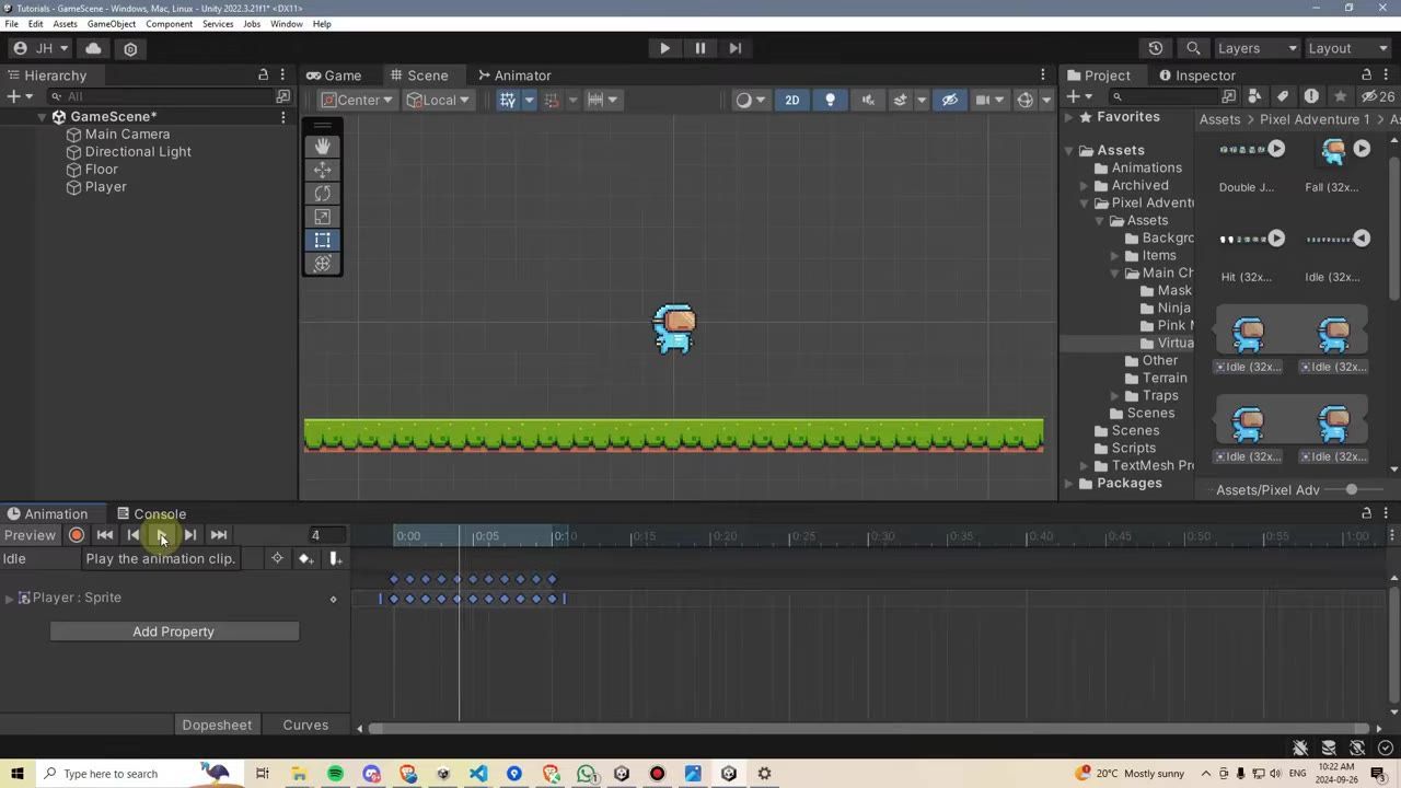 Unity Editor with the Animation window open at the bottom showing a sprite clip timeline with multiple keyframes, while a small character sprite is visible in the Scene view.