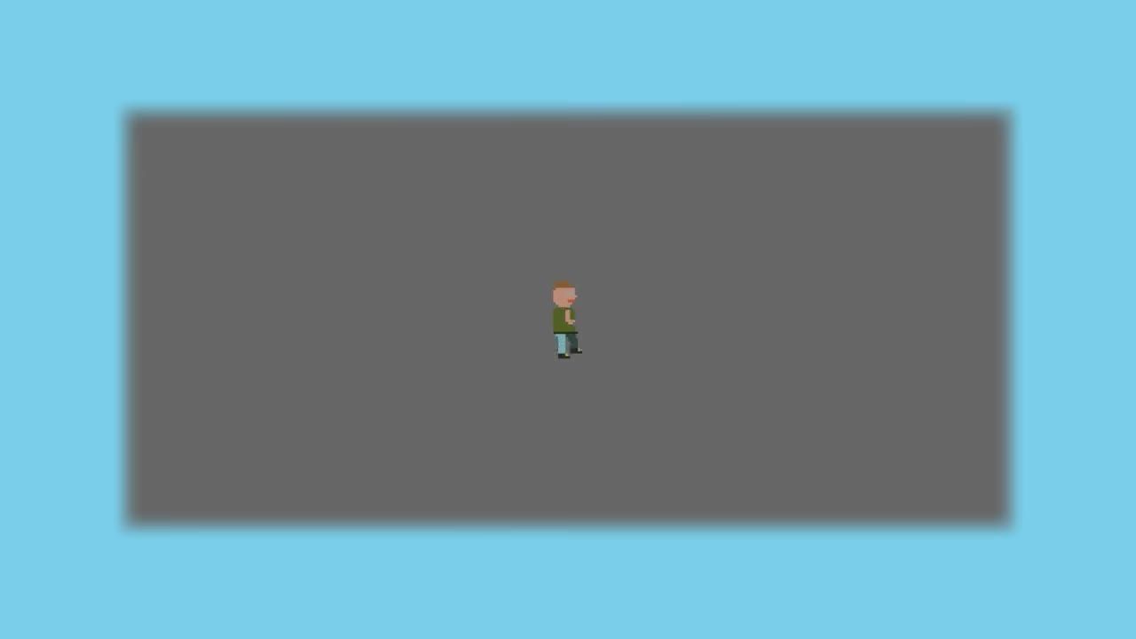 A small pixel-art character stands in the center of a gray game window on a light blue background.