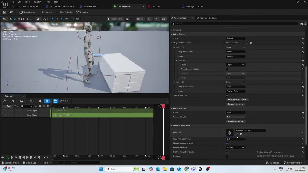 Unreal Engine animation preview window with a character standing beside a white block, a timeline at the bottom, and asset details and preview settings panels on the right.