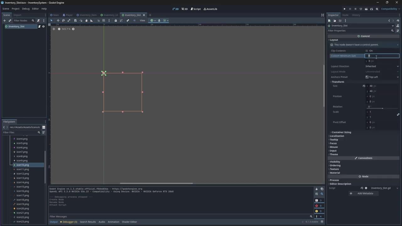 Godot editor showing the Inventory_Slot scene with the Inspector open on a Control node and size properties visible.